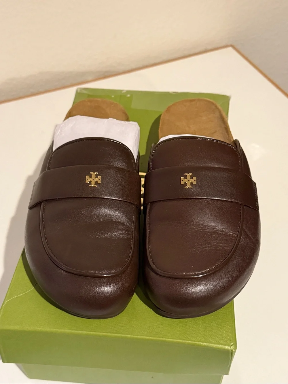 Tory Burch Everly cork leather mules deep mocha brown size 6.5 like new w/box